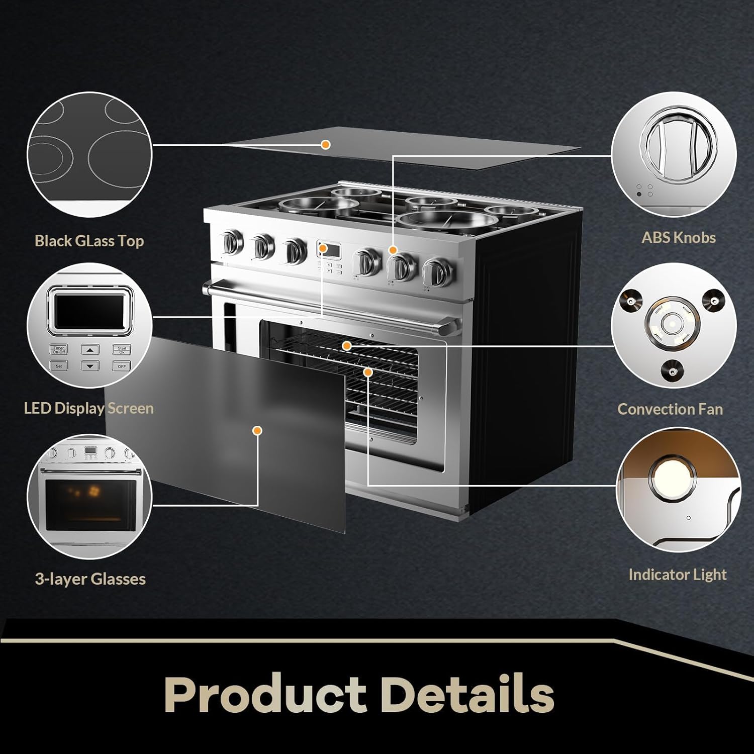 Garvee Professional Electric Range with 4 Heating Elements Cooktop,30“ Convection Oven Capacity,in Stainless Steel,Clock and Timer,Smooth Glass Top