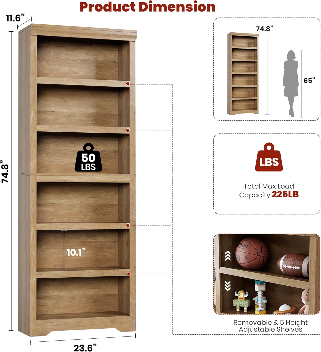 Garvee 6 Tier Bookshelf, 75" Tall Farmhouse Bookcase with Adjustable Shelves, 23.6" W Floor Standing Open Display Storage Rack with Anti-Slip Design for Home Office, Balcony, Library, Study / Living Room, Brown