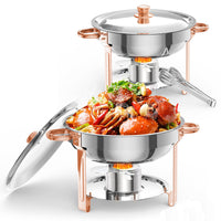 GARVEE 5QT Round Chafing Dish Buffet Set (2 Pack) - Stainless Steel Food Warmers with Lid Holder, Spoon, and Tweezers, Rose Gold Finish, Perfect for Parties, Weddings, Events, and Banquets