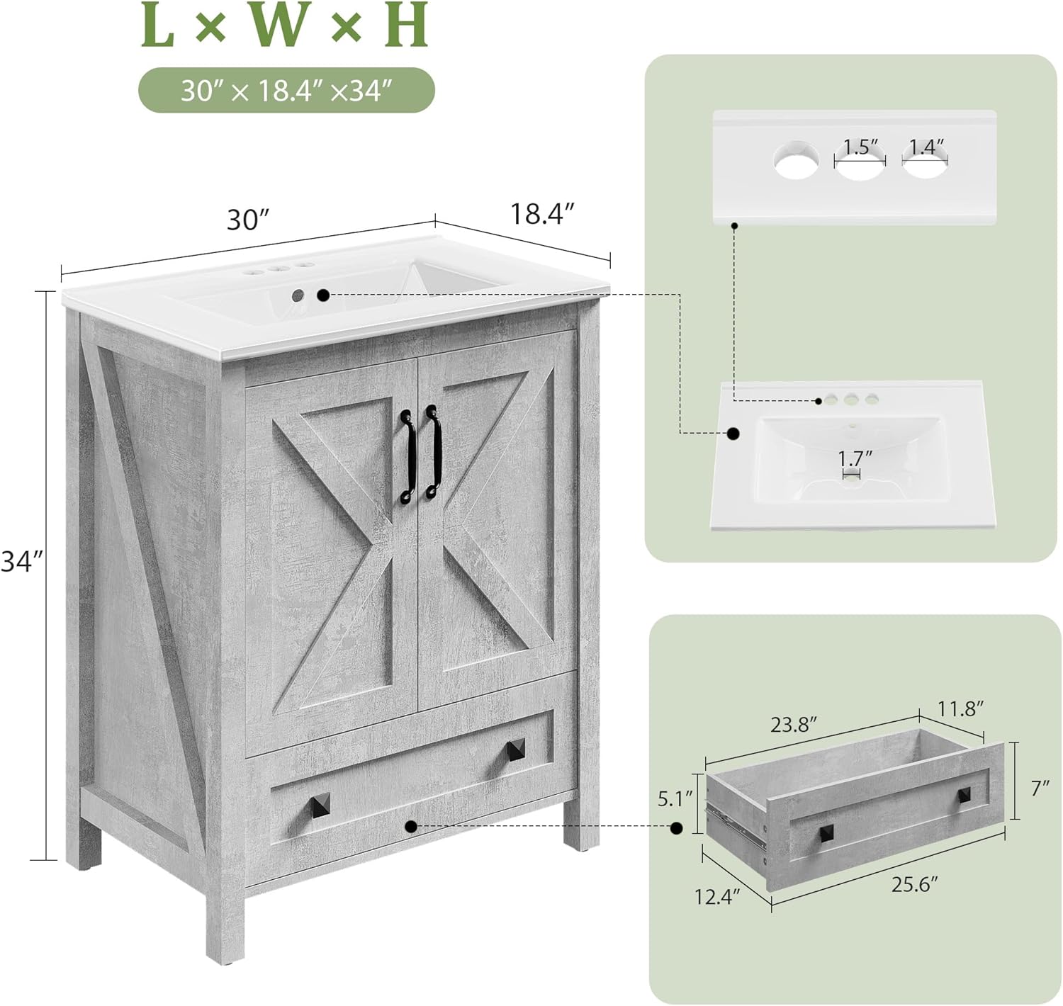 Garvee Modern 30" Freestanding Bathroom Vanity with with 2 Doors and Storage Drawer for Bathroom, Grey