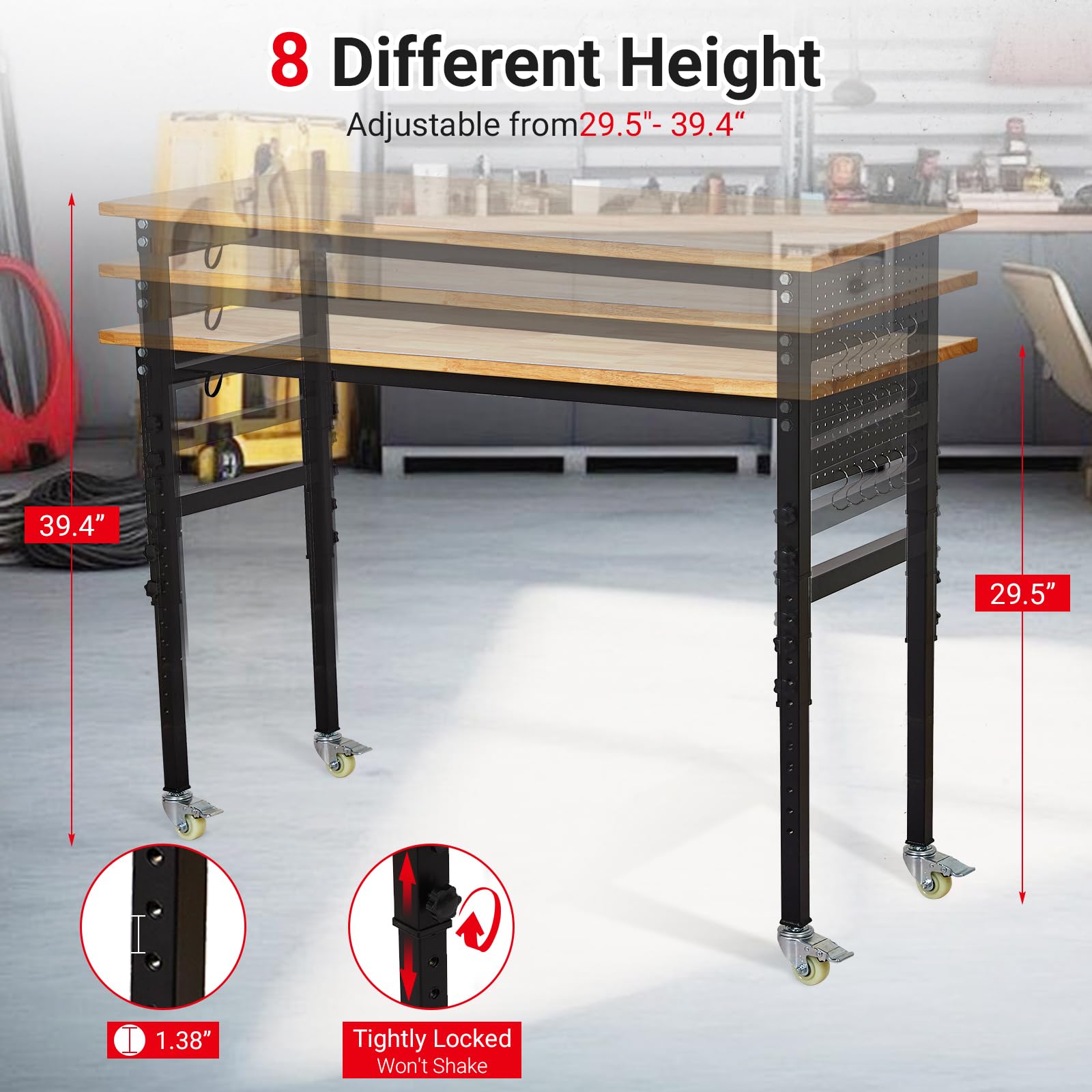 Garvee 60'' Adjustable Workbench with Power Outlet, Heavy Duty Rubber