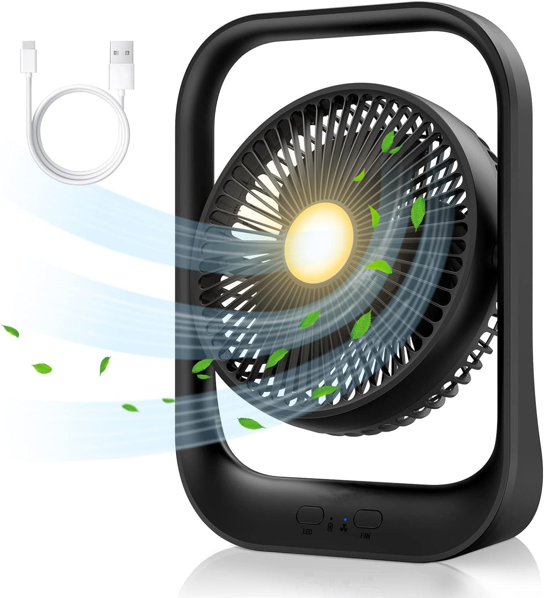 Battery Operated Fan, Camping Fan with Night Light, 3 Speeds Portable Desk Fan,135°Rotation, Rechargeable Quiet Table Fan for Office, Bedroom, Travel, Camping (Deep Black)