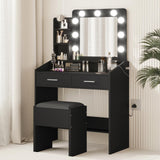 Garvee Vanity Desk with Mirror and Lights, Makeup Vanity with Power Outlet, 3 Lighting Modes Adjustable Brightness, Small Vanity Table Set with 2 Drawers and Cushioned Stool, Makeup Table for Bedroom, Black - Black