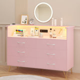 Garvee Pink Wooden Dresser with LED Light, 6 Drawers, Charging Station, RGB Lights, Sturdy Metal Legs, Bedroom Storage, Pink - Pink