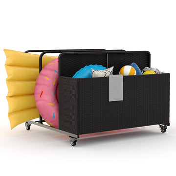 Garvee PE Rattan Outdoor Pool Caddy With Rolling Wheels, Patio Wicker Poolside Float Storage Basket for Cushions, Floaties, Noodles, Life Vests, Beach Balls, Toys