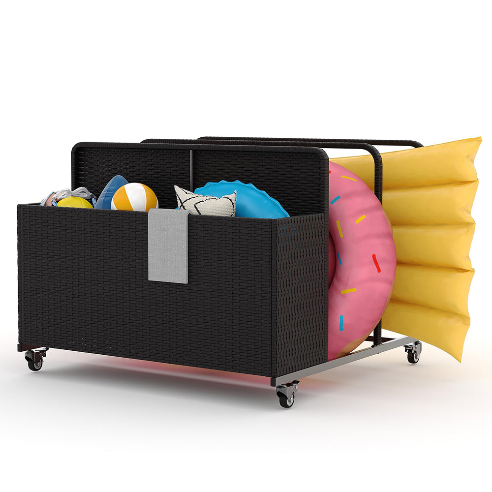 Garvee PE Rattan Outdoor Pool Caddy With Rolling Wheels, Patio Wicker Poolside Float Storage Basket for Cushions, Floaties, Noodles, Life Vests, Beach Balls, Toys