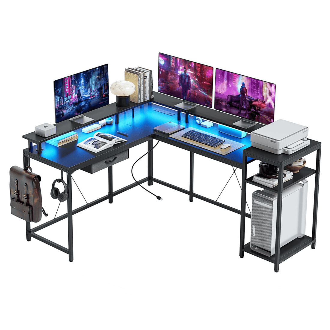 68" L Gaming Desk with Drawer, Power Outlet & LED Lights - GARVEE