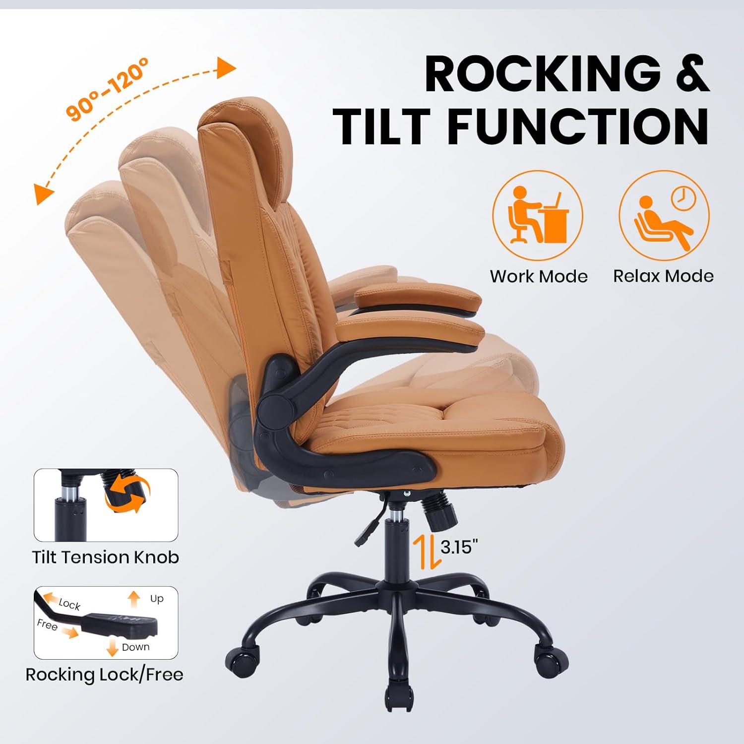 Garvee PU Leather Executive Office Desk Chair, 350lbs Capacity Computer Desk Chair with Padded Flip-Up Arms, Tilt Lock & 360° Swivel Free Wheels, Ergonomic Office Chair for Heavy People, Brown