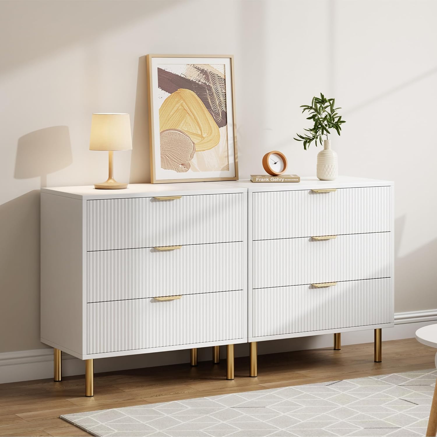 Garvee 3 Drawer Dresser for Bedroom, Modern Wood Storage Chest with Gold Metal Handles, Anti-Tipping Design, Large Nightstand Organizer for Entryway, Hallway, Living Room, White