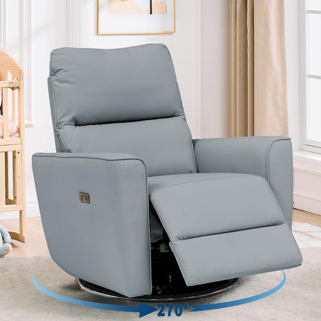 Garvee Power Recliner Chair, 270° Swivel Rocking Glider with USB Charging Port, PU Leather Upholstered Fabric, Ergonomic Modern Nursery Chair for Living Room, Bedroom & Home Theater, Gray
