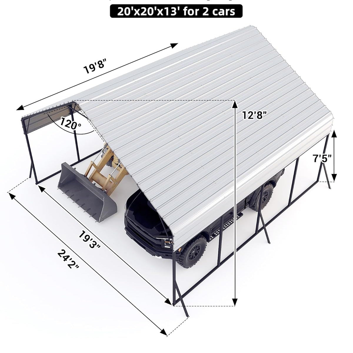Garvee Metal Carport 20' × 20' × 13', 400 Sq.Ft 2-Car Steel Shelter, 800 lb Heavy-Duty Frame for Snow, Trucks, Boats & Tractors