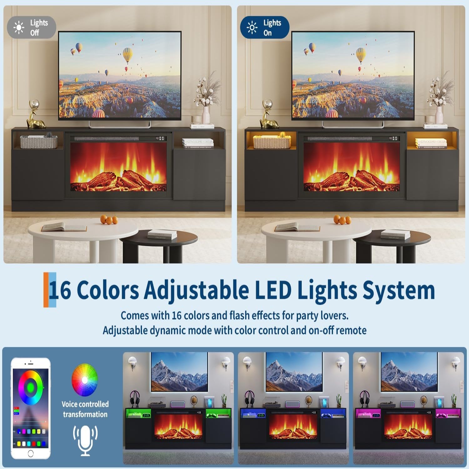 Garvee Modern Entertainment Center with Storage Cabinet Up to 75"TV, Modern TV Stand for Living Room, Black (Not Include Fireplace)