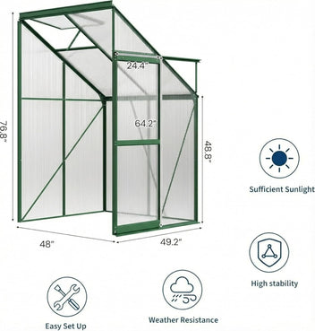 Garvee 4×4FT Lean-To Polycarbonate Greenhouse Kit, Heavy Duty Walk-In Plant Shelter with Sliding Door & Adjustable Roof Vent, Green