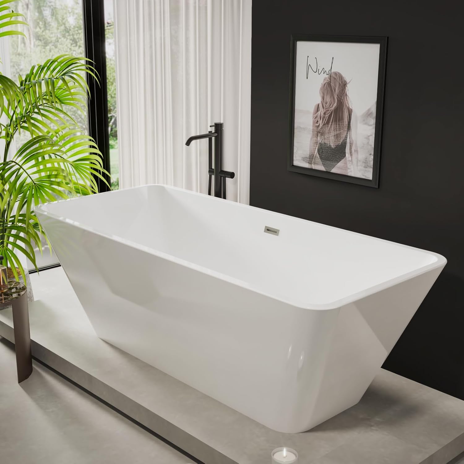 Garvee SZ3 59" Freestanding Acrylic Bathtub in Streamline Design with Chrome Overflow and Drain, cUPC Certified, White
