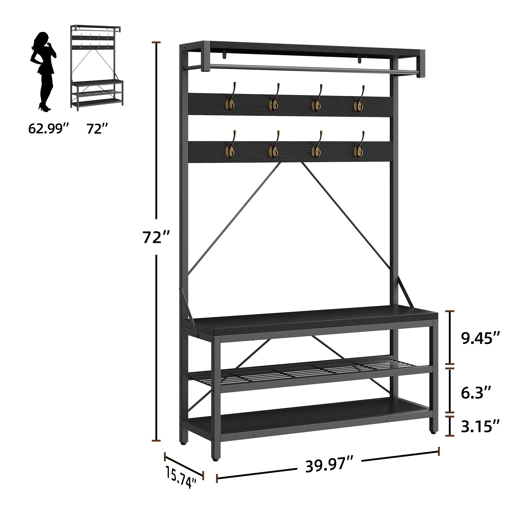 GARVEE Coat Rack Shoe Bench - Industrial Hall Tree for Storage