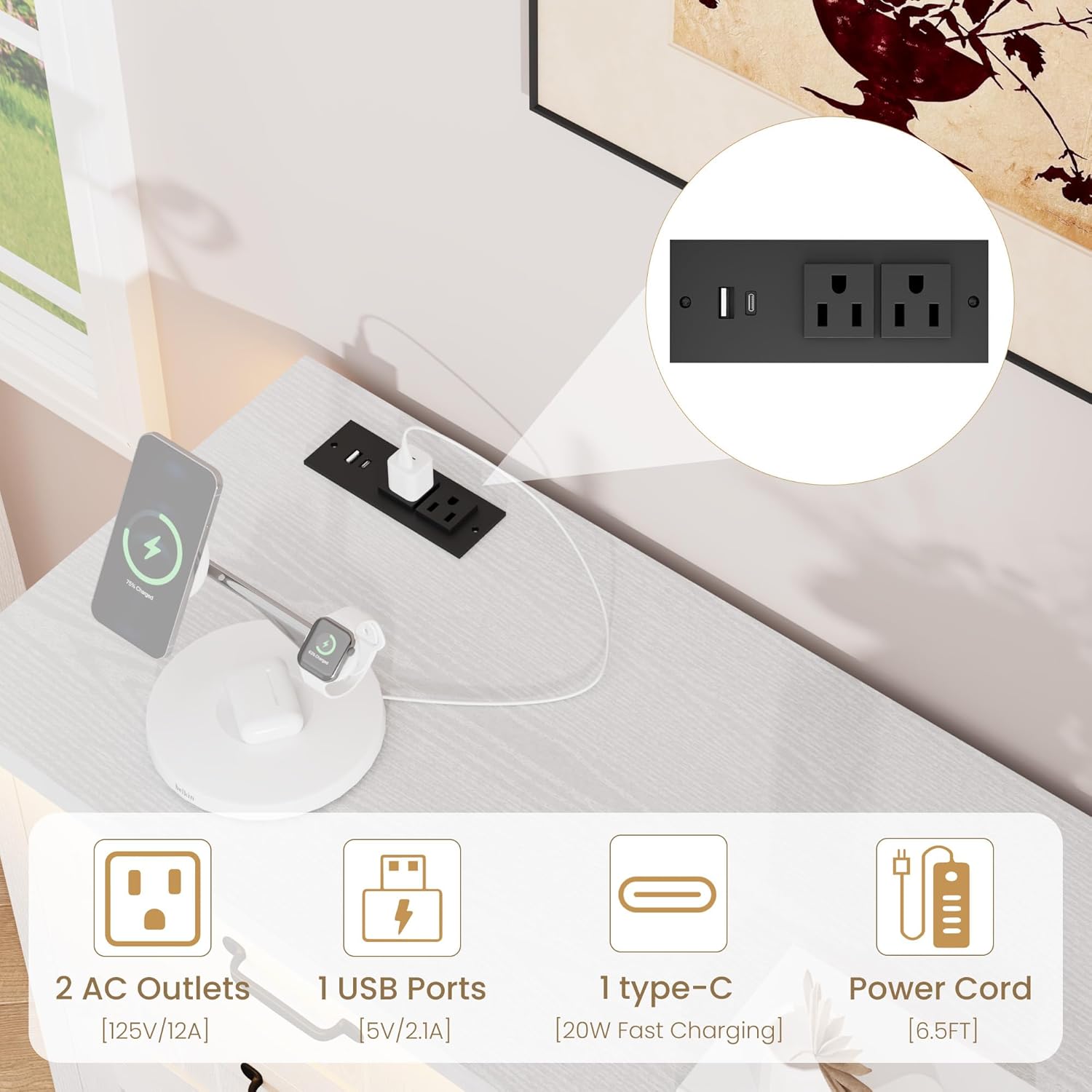 Garvee 8 Drawer Dresser with Power Outlet, White Dresser with LED Light, Modern Chest of Drawers for Closet, Double Wide Drawer Organizer Cabinet for Bedroom, Living Room