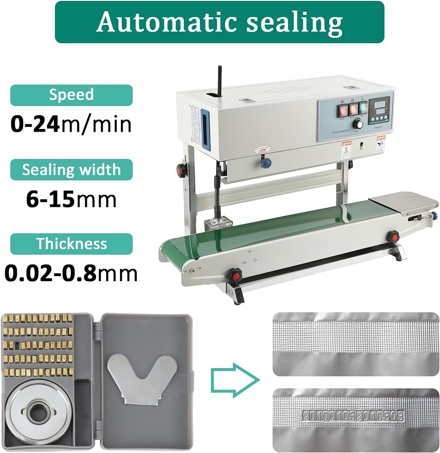 Band Sealer, Vertical Continuous Band Sealer FR-900, Automatic Continuous Sealing Machine with Digital Temperature Control, Commercial PP Aluminum Foil PVC Plastic Bag Band Sealing Machine