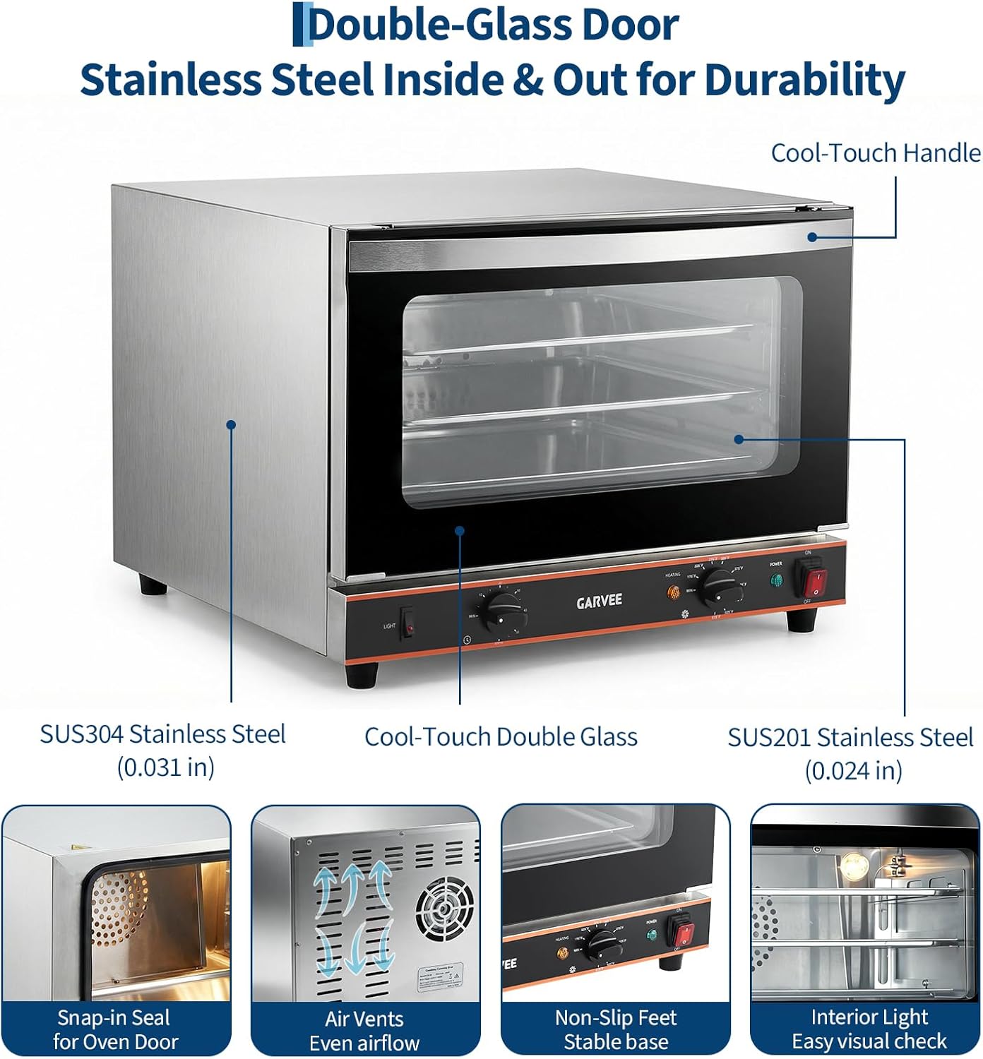 Garvee Commercial Convection Oven Countertop, 46L/42Qt, 1800W Toaster, 3-Tier Electric Oven w/Front Glass Door, Trays Wire Racks Clip Gloves, 120V