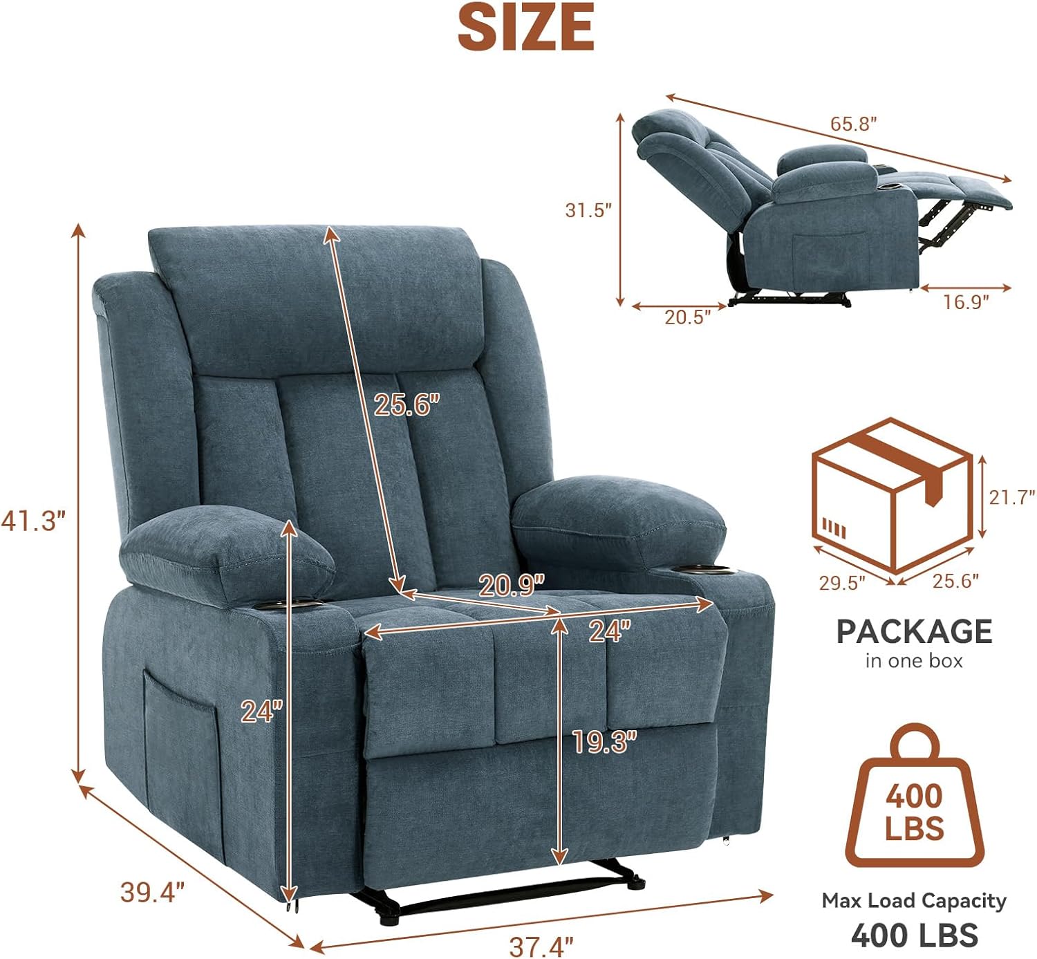 Garvee Recliner Chair 24" Seat Width, Manual Reclining Sofa with Massage and Heat, Comfy Overstuffed Rocking Chair with Side Pockets, Front Pockets and Cup Holder for Living Room, Blue