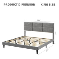 King Bed Frame Upholstered Platform, Bed Frame with Square Velvet Headboard, Wooden Slats Support, Non-Slip and Noise-Free, No Box Spring Needed, Easy Assembly - Light Gray
