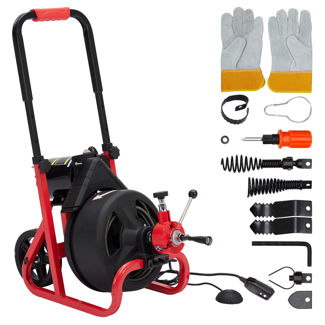 Garvee 75Ft x 1/2 Inch Drain Cleaner Machine, Auto-feed Electric Drain Auger Professional for 2 to 4 Inch Pipes, with 6 Cutters, Glove, Drain Auger Cleaner Sewer Snake