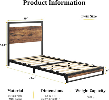 Garvee 6 Inch Twin Bed Frame with Headboard and Footboard, Heavy Duty Slats Support with Under Bed Storage, Non-Slip, Easy Assembly, Rustic Brown