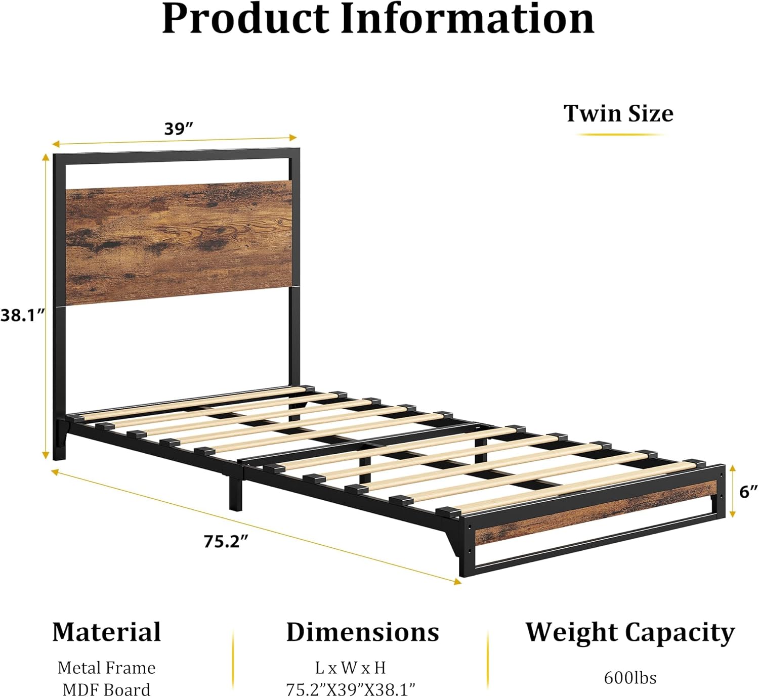 Garvee 6 Inch Twin Bed Frame with Headboard and Footboard, Heavy Duty Slats Support with Under Bed Storage, Non-Slip, Easy Assembly, Rustic Brown