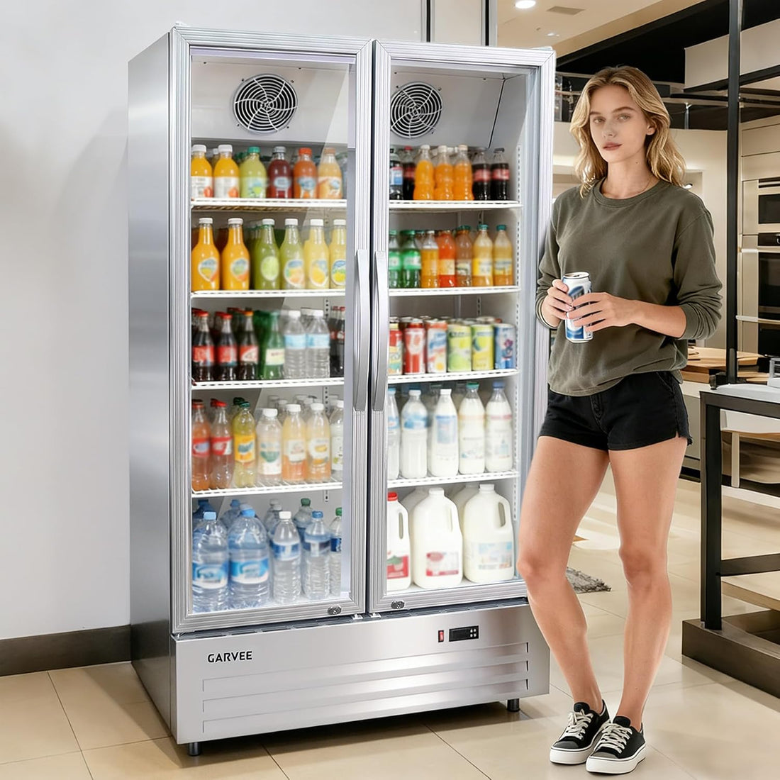GARVEE 32.5 Cu.ft Double Door Commercial Beverage Cooler - 580-Can Glass Display Fridge | Frost-Free Air-Cooled, Automatic Door Rebound | for Bar/Restaurant/Supermarket (Silver)