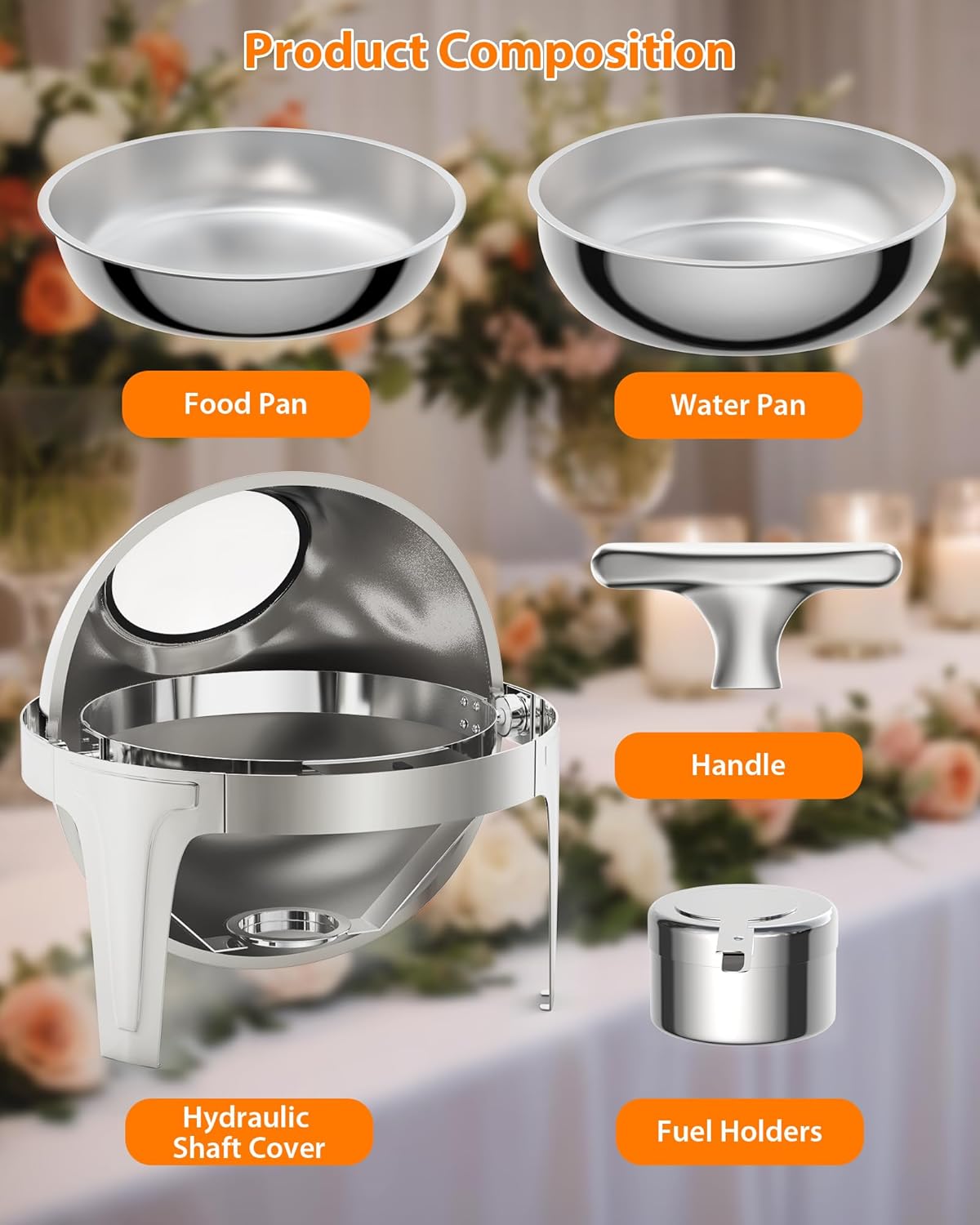 Garvee 6.3 Quart Round Roll Top Chafing Dish Buffet Set Stainless Steel Food Warmer with Glass Window for Party Wedding Banquet Silver