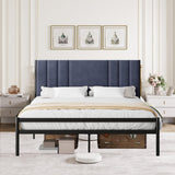 Garvee King Bed Frame, Platform Bed Frame with Velvet Headboard, Heavy Duty Metal Bed Frame with Steel Slats Support, Box Spring Optional, Grey - Dark Grey