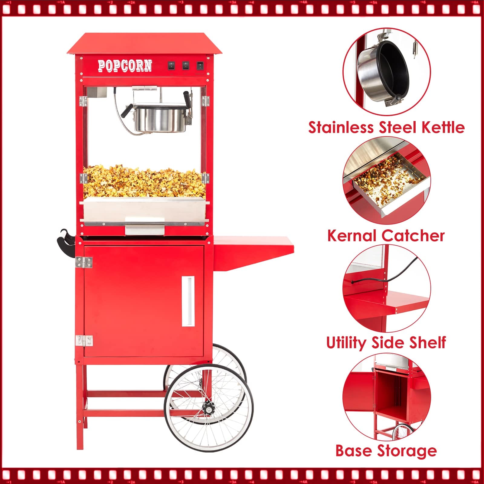 GARVEE Popcorn Machine Cart Commercial Popcorn Machine with 8Oz Kettle Red