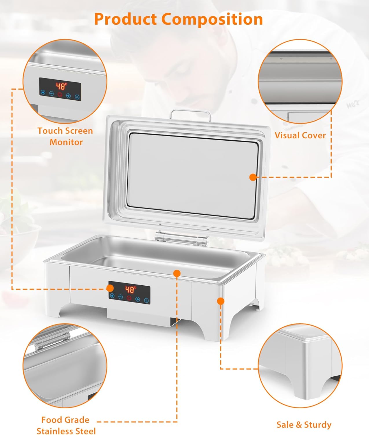 Garvee Electric Chafing Dish 9QT Full Size Touch Screen Buffet Warmer with Glass Lid Silver for Catering Parties Weddings