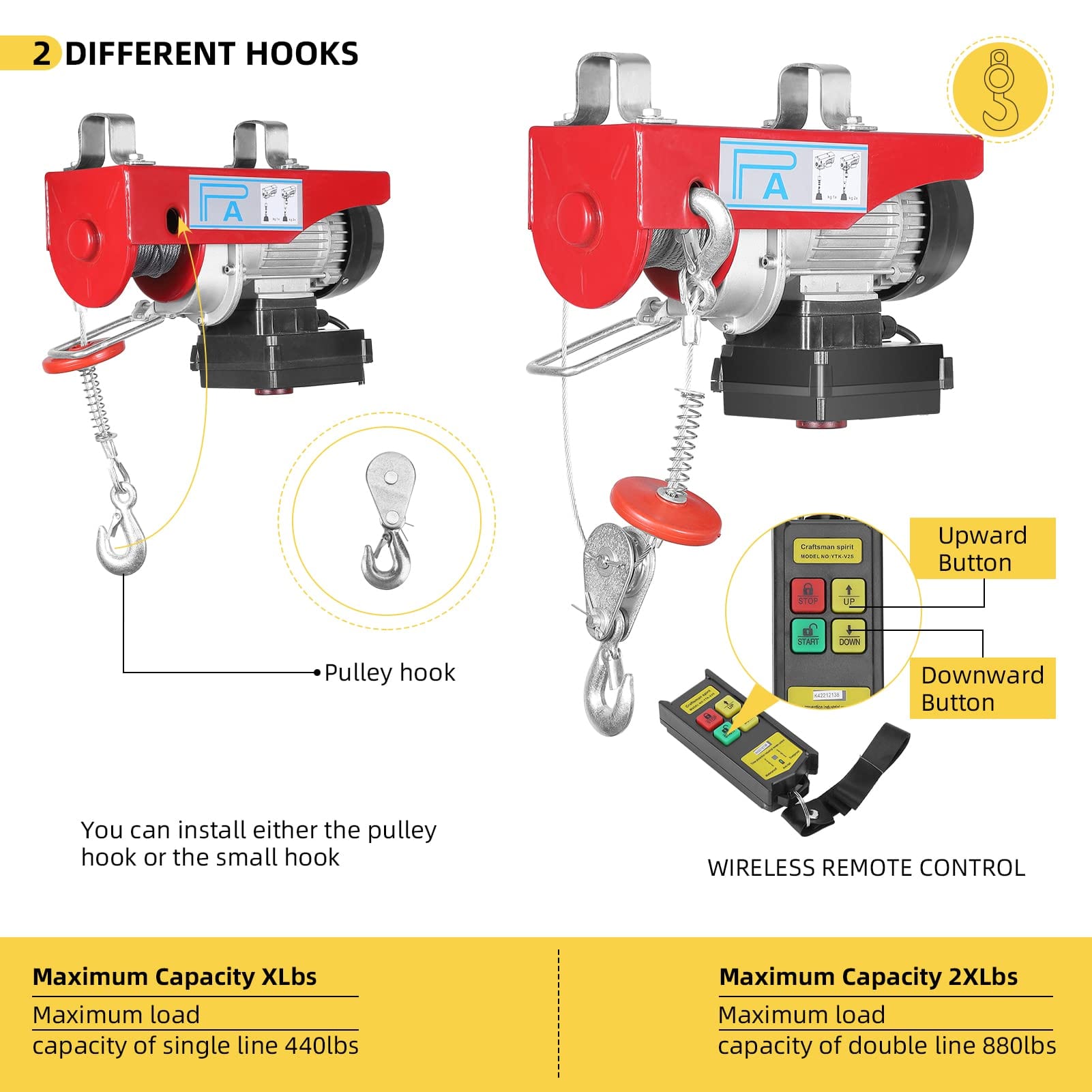 Electric Hoist 880 Lbs 110V Automatic Lift Electric Cable Hoist with Wireless Remote Control Power System