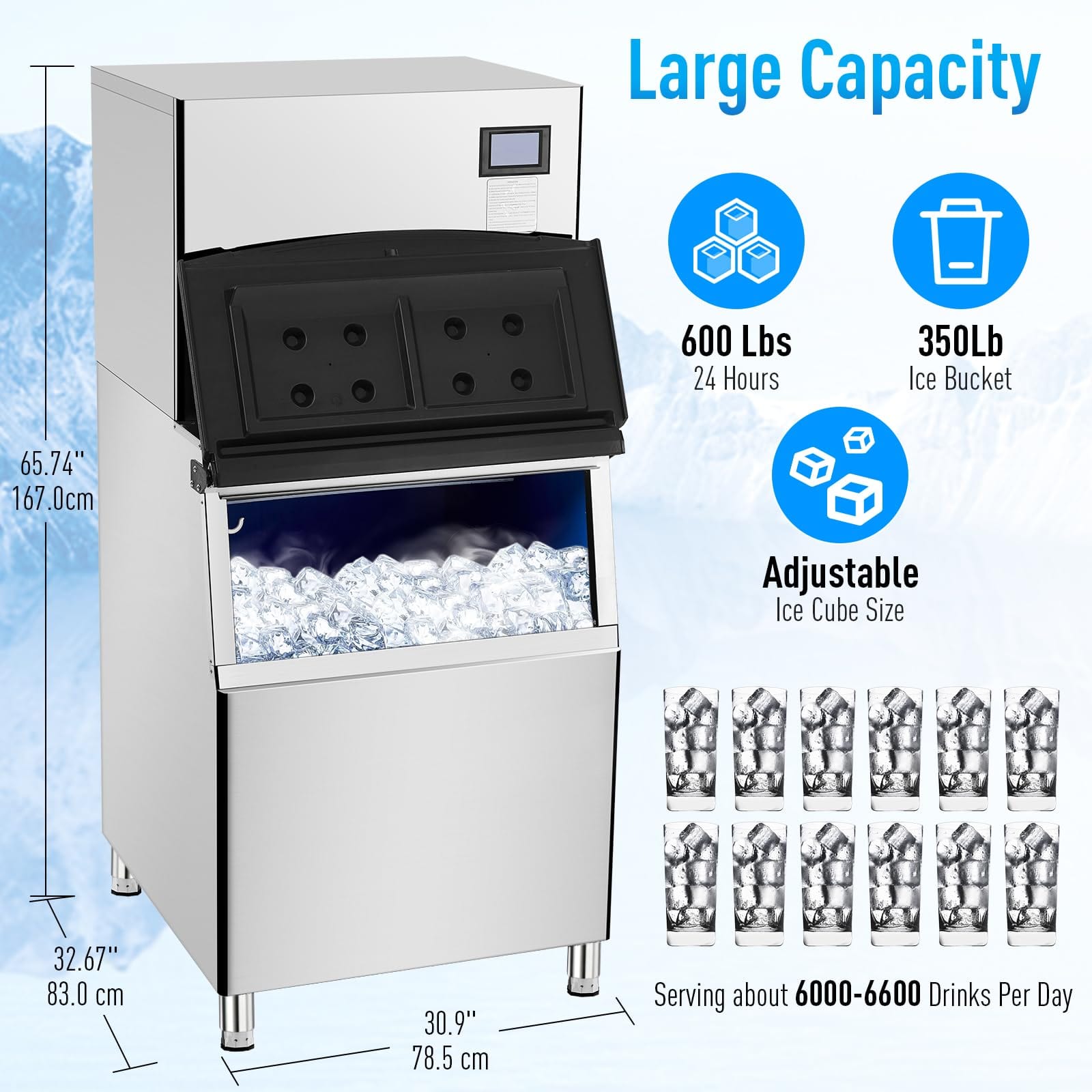 550LBS/24H ETL Commercial Ice Maker, 300LBS Storage, LCD - GARVEE