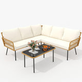 Garvee 4-Piece Outdoor Wicker L-Shaped Sectional Set, All-Weather Rattan with Glass Top Coffee Table & Cushioned Chairs, Beigeable & Cushioned Chairs, Boho Balcony Furniture for Backyard, Poolside, Garden, Beige - Beige
