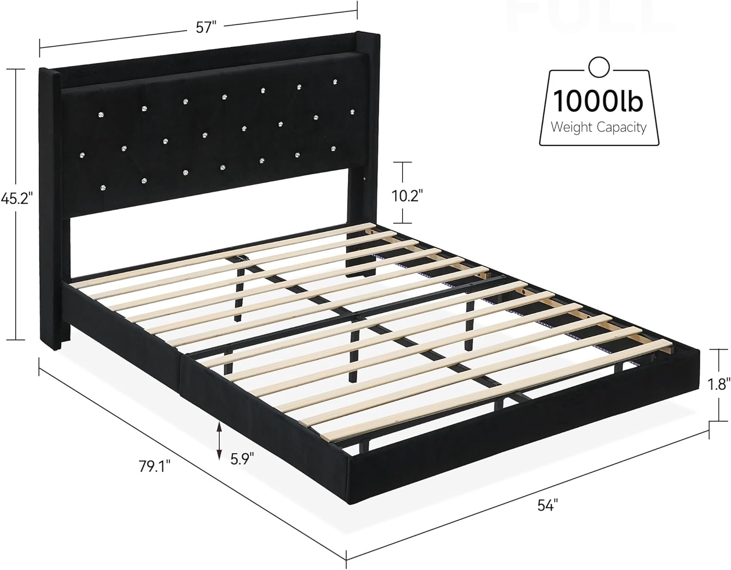 Garvee Floating Upholstered Full Bed Frame with LED Lights & Storage Headboard, Metal/Wood, 1000 lbs Capacity, Easy Assembly, Black