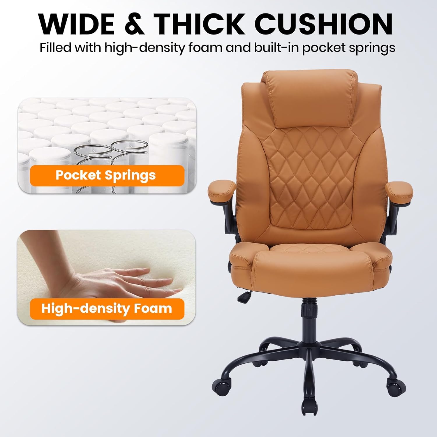 Garvee PU Leather Executive Office Desk Chair, 350lbs Capacity Computer Desk Chair with Padded Flip-Up Arms, Tilt Lock & 360° Swivel Free Wheels, Ergonomic Office Chair for Heavy People, Brown