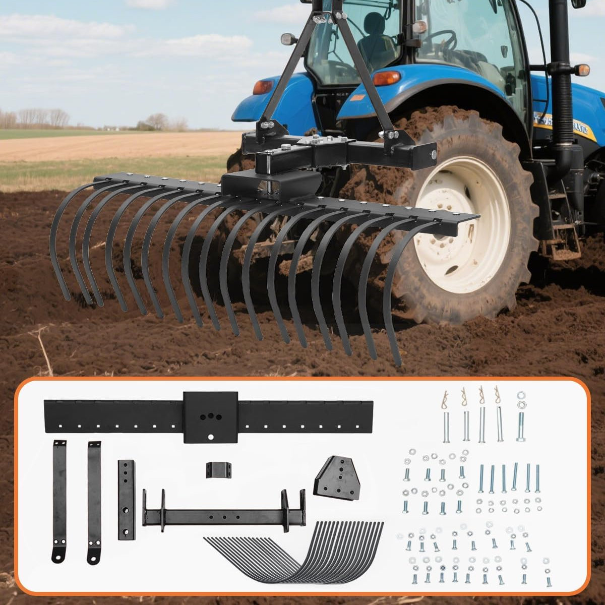 Garvee 50" Landscape Rake 3-Point Hitch CAT-0 CAT-1 Tractor 360° Rotation Replaceable Spring Steel Tines Quick Mount Carbon Steel Frame for Brush Clearing