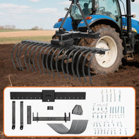 Garvee 50" Landscape Rake 3-Point Hitch CAT-0 CAT-1 Tractor 360° Rotation Replaceable Spring Steel Tines Quick Mount Carbon Steel Frame for Brush Clearing