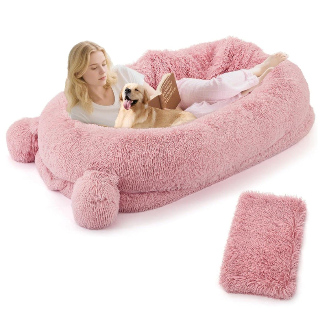 Garvee Human Dog Bed, 71 in x45 in x12 in Large Dog Bed with Blanket, Storage Pockets, Portable Handle, Removable Cover, Human Size Pet Bed for Adult, Pink