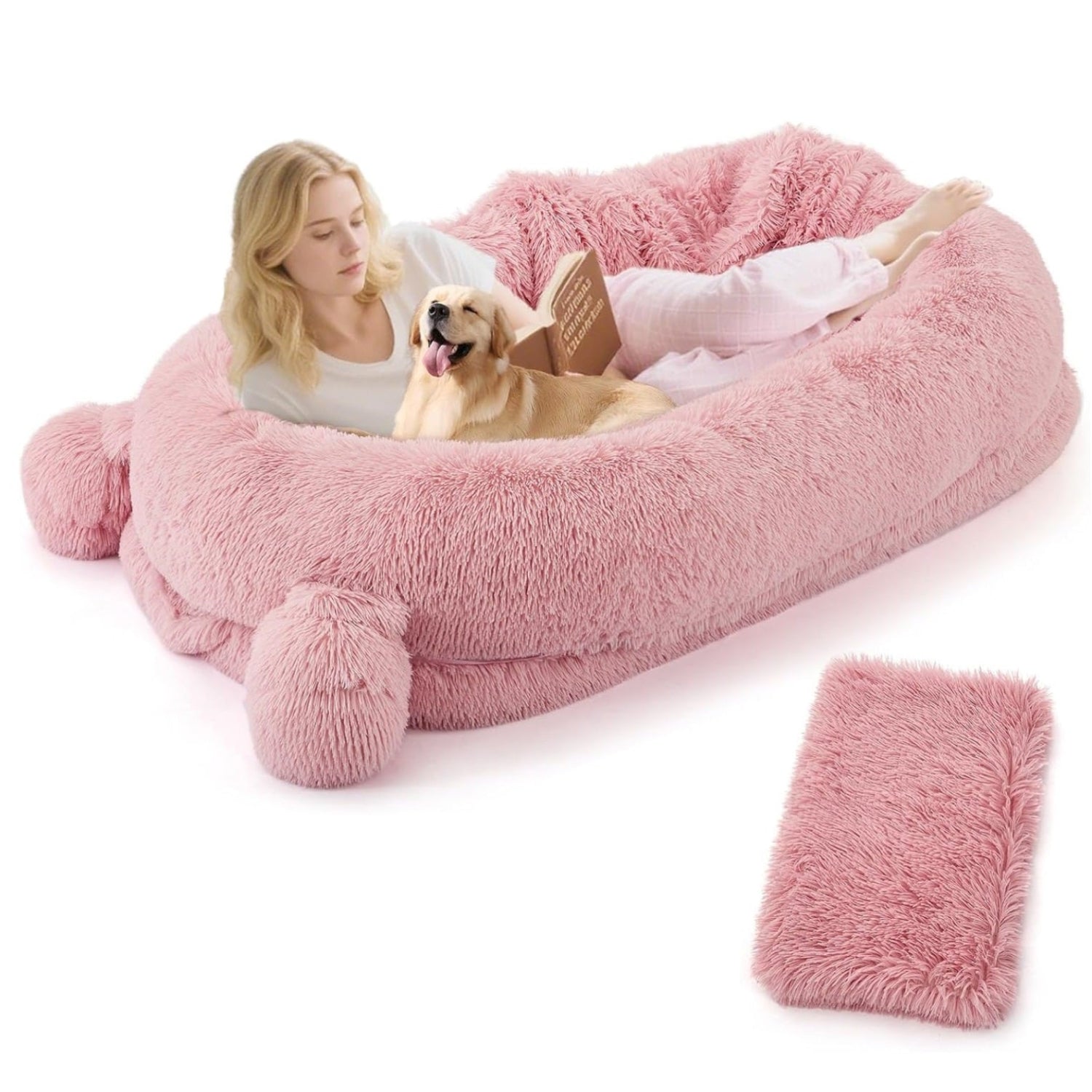 Garvee Human Dog Bed, 71 in x45 in x12 in Large Dog Bed with Blanket, Storage Pockets, Portable Handle, Removable Cover, Human Size Pet Bed for Adult, Pink