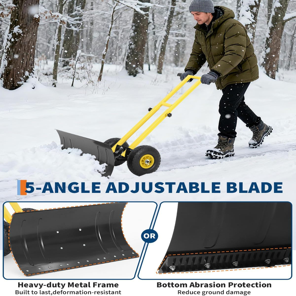 Garvee Wheeled Snow Shovel 29x14 Double-Rod Metal Snow Pusher 5-Angle Adjustable T-Handle Rubber Wheels for Driveways Sidewalks Doorways
