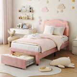 Garvee Kids Upholstered Bed Frame with Drawer, Velvet Princess Platform Twin Bed Frame with Smart LED & Adjustable Headboard, No Box Spring Needed, Easy Assembly, Noise-Free, Pink - Pink