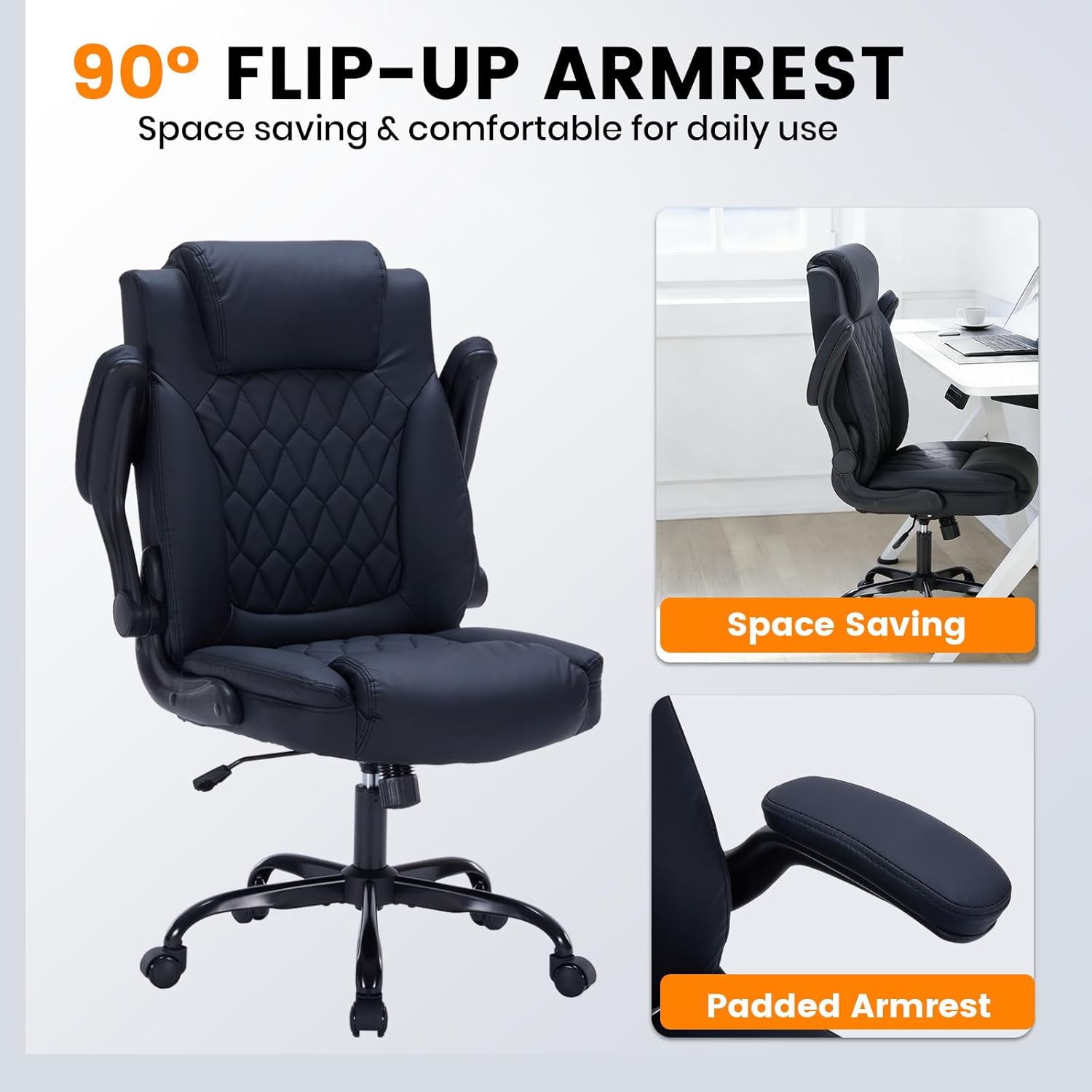 Garvee PU Leather Executive Office Desk Chair, 350lbs Capacity Computer Desk Chair with Padded Flip-Up Arms, Tilt Lock & 360° Swivel Free Wheels, Ergonomic Office Chair for Heavy People, Black