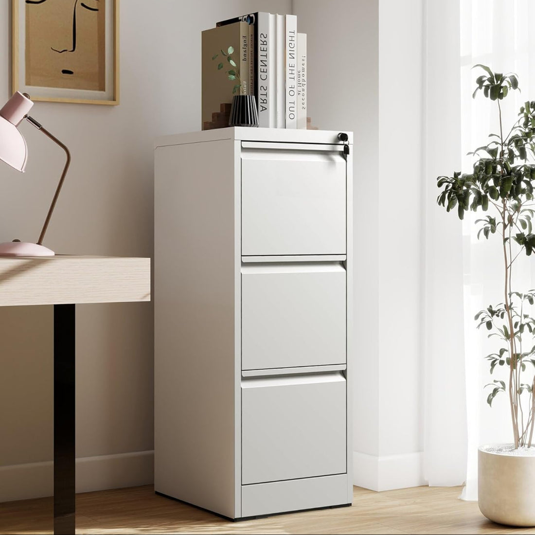 Garvee 3-Drawer File Cabinet with Lock, Heavy Duty Vertical Filing Cabinets for Home Office, Secure Locking Metal Steel Storage Cabinet for Letter/Legal Size File, Assembly Required, White