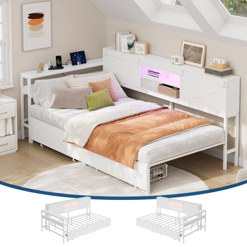 Garvee Twin Size Corner Bed Frame with 2 Storage Drawers, Charging Station and RGB LED Lights, Metal Platform Bed Frame with Desk and Bookcase Headboard for Kids Teens Guests