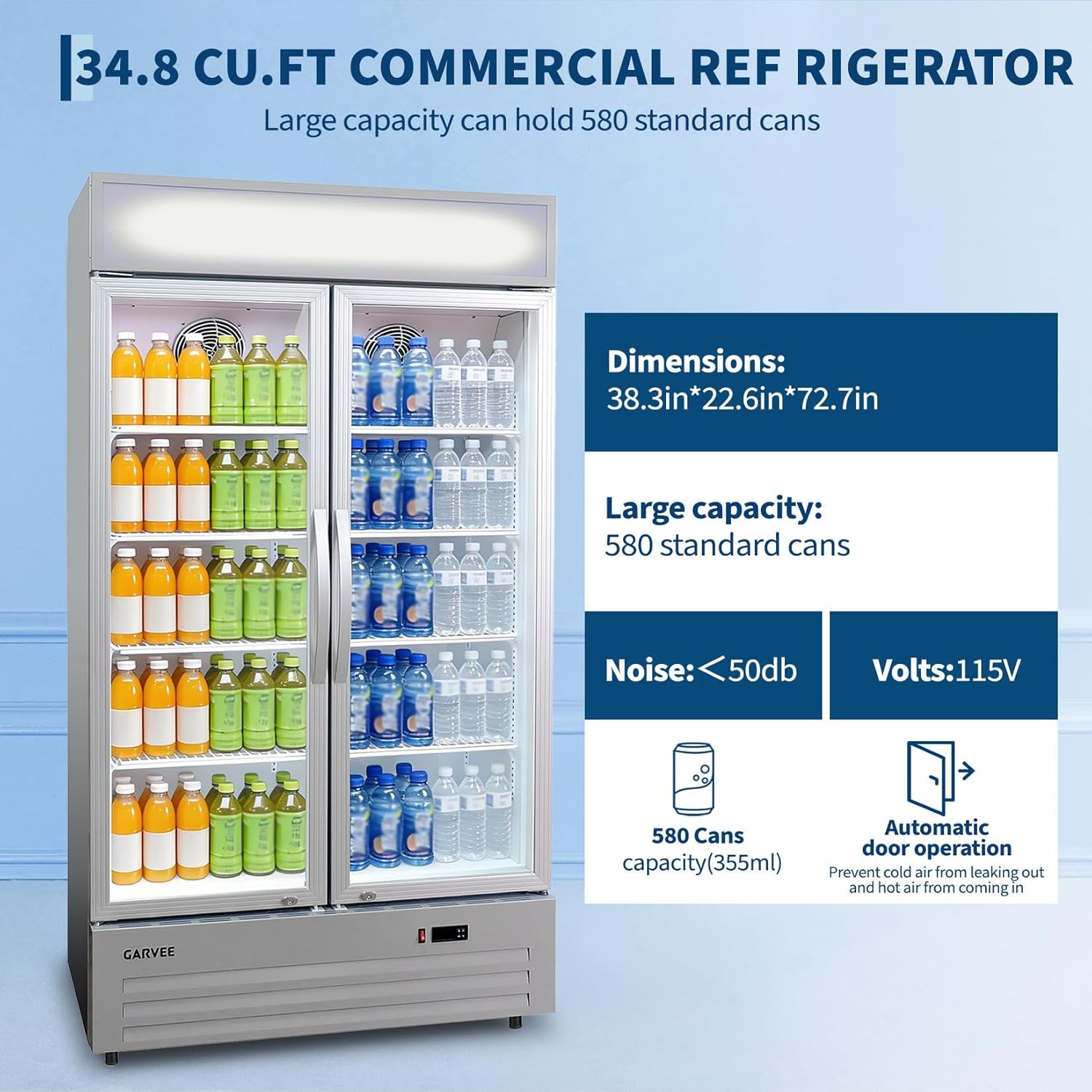 GARVEE 34.8 Cu.ft Double Door Commercial Beverage Cooler - 580-Can Glass Display Fridge | Frost-Free Air-Cooled, RGB Lights, Adjustable Shelves | for Bar/Restaurant/Store (Silver)