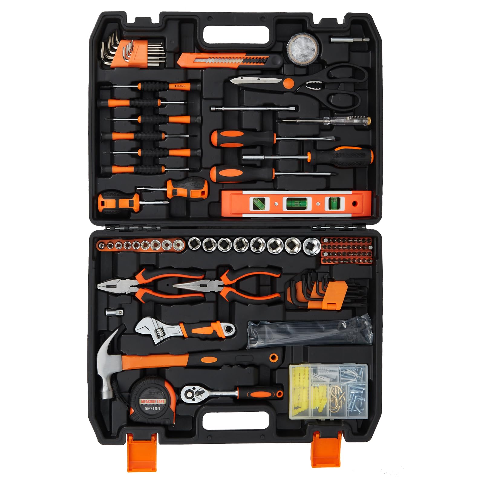 Garvee 242 Piece Tool Set Household Hand Kit with Plastic Toolbox for Home Maintenance Dorm DIY Projects, Orange, 17x13x3"