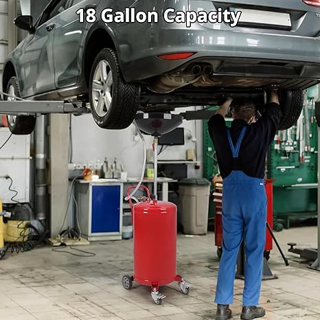 Garvee 18 Gallon Adjustable Oil Drain Tank – Pneumatic Waste Oil Drainer with 17.8" Funnel, 39.37-63.78" Height Range, Level Display & Brake Wheels for Auto Shops & Home Use