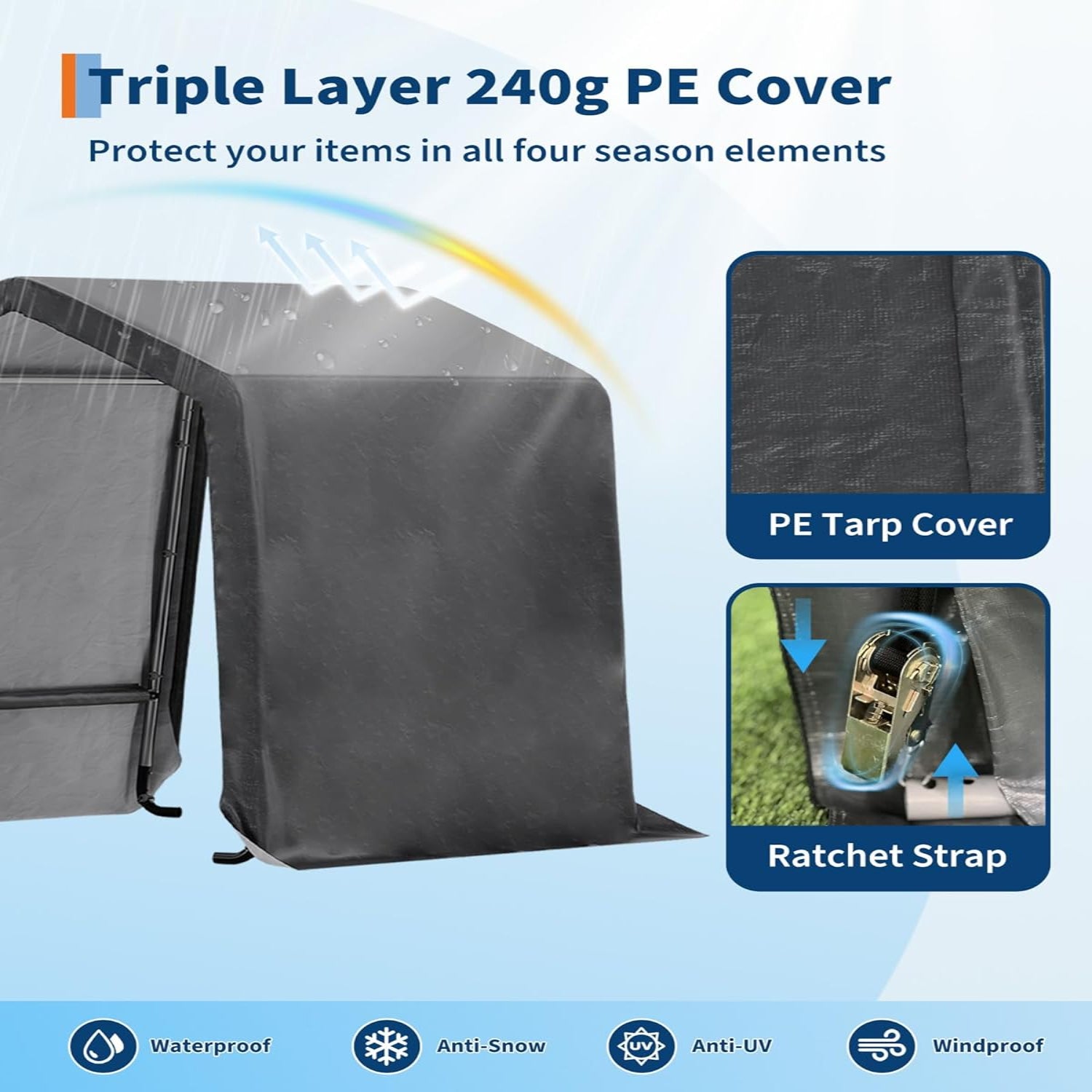 Garvee Outdoor Portable Storage Shed Gray 10'x15' Waterproof PE Tarp Rust-Resistant Steel Frame Roll-Up Doors Ventilated Bike Tool Storage